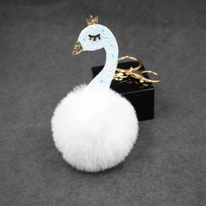 Elegant Swan Faux Fur Pom Pom Keychain With Golden Crown And Glitter Sequins Decorative Bag Pendant Key Ring For Women Girls