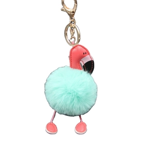 Porte-clés flamant rose chic en fausse fourrure vert menthe avec fermoir et anneau dorés