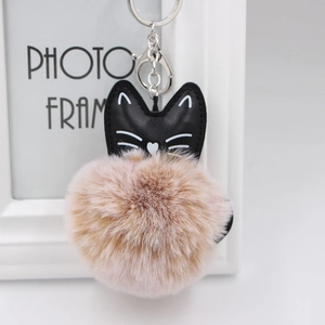 Detail of cute cat pendant with black PU leather head and soft pink faux fur pompom