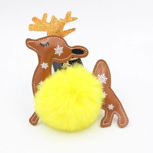 Detail of Christmas reindeer keychain featuring yellow pom pom and gold glitter antlers