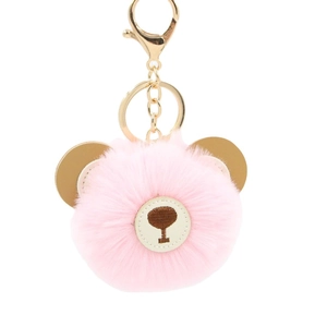 Cute pink fluffy bear keychain with soft faux fur and golden lobster clasp for handbags
