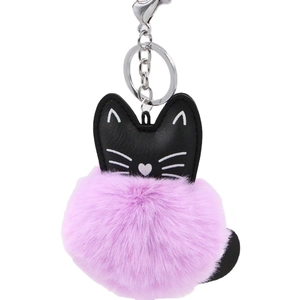 Cat PU leather keychain featuring a pink faux fur pompom and silver metal hardware