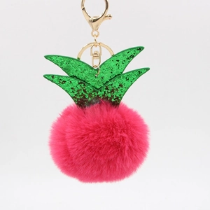Cute pineapple pompom keychain in rose red plush with green sequins and gold lobster clasp
