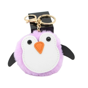 Porte-clés pingouin en peluche violette avec fermoir en métal doré et fourrure