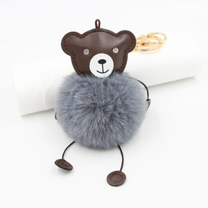 Cute brown PU leather bear keychain with grey faux fur pompom and gold metal clip