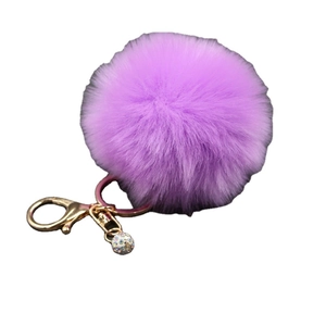 Purple faux rabbit fur pom pom keychain with gold ring and colorful rhinestone charm