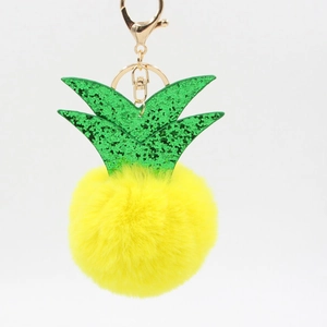 Creative Pineapple Shape Faux Fur Pom Pom Keychain With Sequin Leaves Gold Metal Clasp Women Bag Pendant Accessories Gift