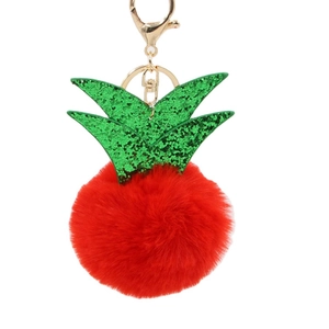 Cute red plush pineapple keychain with green sequin leaves and golden lobster clasp