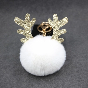 Christmas Antler Faux Fur Ball Keychain Cute Reindeer Horn Plush Pom Pom Bag Pendant Glitter Sequin Key Ring Jewelry Gift