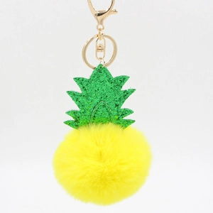 Cute Pineapple Plush Pom Pom Keychain For Women Bag Creative Artificial Fur Fruit Key Ring With Glitter Leaves Gold Metal Clasp