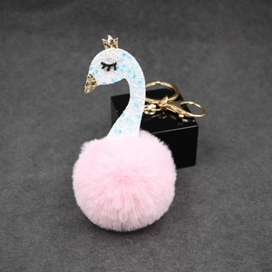 Luminous swan plush ball keychain with golden crown and sparkling sequins for bags
