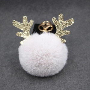 Plush Christmas reindeer keychain with pink pom-pom, gold glitter antlers and metal hook