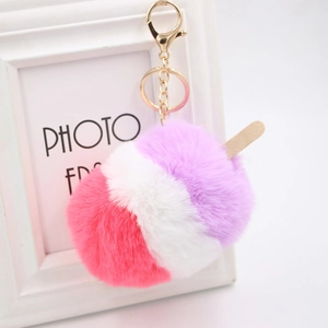Porte-Clés Créatif en Forme de Glace à l'Eau en Peluche pour Femmes Pendentif de Sac Patchwork Pompon en Fourrure Artificielle Avec Bâton en Bois Fermoir en Alliage Doré