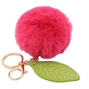 Faux rabbit fur rose red ball keychain with green leaf charm and golden metal ring