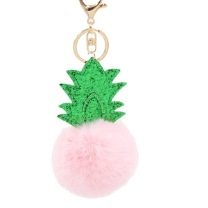 Pink pineapple pom-pom keychain with green sequin leaves and golden metal lobster clasp