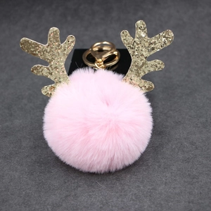 Pink plush reindeer antler keychain with gold glitter and metal ring for bags