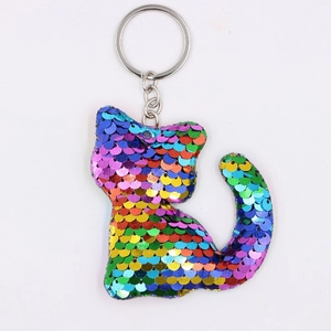 Portachiavi gatto con paillettes reversibili arcobaleno e anello in metallo argentato lucido