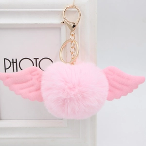 Pink faux fur pompom keychain with cute angel wings and golden metal lobster clasp