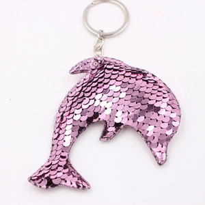 Portachiavi a forma di delfino con paillettes rosa e anello in metallo per borse