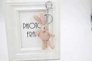 Gros plan du porte-clés lapin pailleté avec fermoir mousqueton argenté sur un cadre photo
