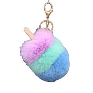 Porte-clés esquimau en peluche tricolore avec pompons rose vert bleu et fermoir doré