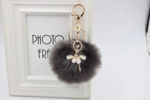 Detail of grey faux fur pom pom keychain with golden rhinestone ballerina charm