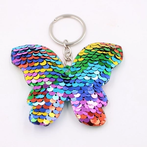 Portachiavi a farfalla con paillettes reversibili arcobaleno e anello in metallo argento