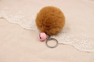 Close-up of fluffy brown faux fur pom pom with pink bell and silver ring on lace background
