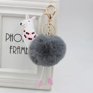 Dettaglio del portachiavi a forma di alpaca con pompon grigio e gancio in metallo oro