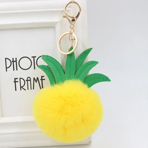 Pineapple plush keychain with green PU leather leaves and golden lobster clasp