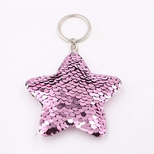 Portachiavi a stella rosa con paillettes scintillanti e anello in metallo argento