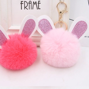 Cute Bunny Ear Plush Pom Pom Keychain For Women Faux Rex Rabbit Fur Glitter Ears Bag Charm Car Key Ring Accessory Gift