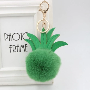 Cute Faux Fur Pineapple Pom Pom Keychain Fruit Bag Charm With PU Leather Leaves Metal Lobster Clasp Women Key Ring Gift