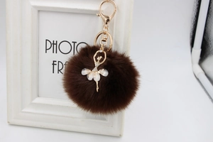 Detail of a dark brown faux fur ball keychain with a golden ballerina charm pendant