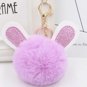 Purple fluffy rabbit ear keychain with pink glitter and gold metal lobster clasp for bags