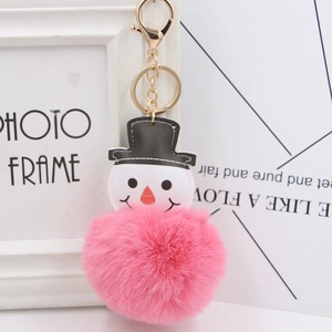 Détail d'un porte-clés bonhomme de neige en fausse fourrure rose avec fermoir doré poli