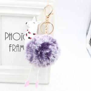 Dettaglio portachiavi pompon viola in finta pelliccia con charm alpaca e gancio oro
