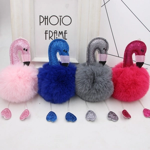 Colorful sequin flamingo pompom keychains for women's bags and plush doll charms