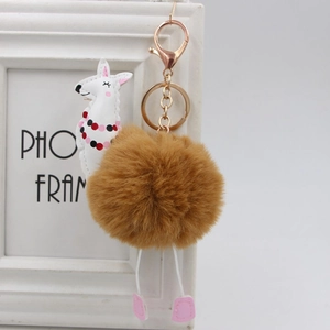 Dettaglio portachiavi a forma di alpaca bianco con pompon marrone e gancio in metallo