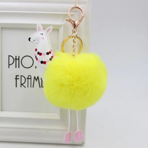 Dettaglio macro del portachiavi alpaca in peluche con pompon giallo e chiusura dorata