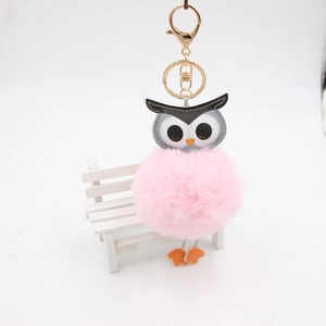 Mignon porte-clés pompon chouette rose en fausse fourrure avec fermoir doré chic