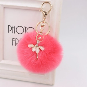Cute Ballet Dancer Plush Pom Pom Keychain For Women Rhinestone Alloy Angel Girl Pendant Faux Fur Ball Keyring Bag Charm Jewelry