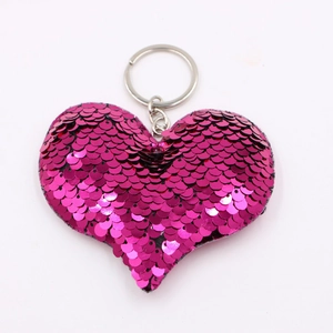 Portachiavi a cuore con paillettes reversibili rosso rosa e anello in metallo argento