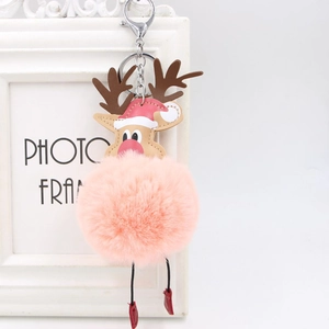 Detail of plush reindeer pompom keychain with pink faux fur and festive silver metal clasp