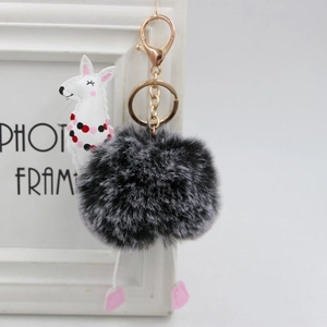 Dettaglio macro di un portachiavi a forma di alpaca con pelliccia sintetica e moschettone