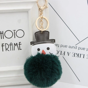 Gros plan du porte-clés bonhomme de neige avec boule en fourrure vert foncé et fermoir doré