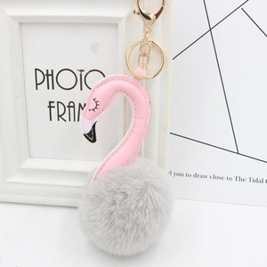Detail of plush flamingo keychain with pink PU leather and soft grey faux fur pom pom