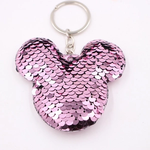 Portachiavi a forma di Topolino con paillettes rosa riflettenti e anello in metallo