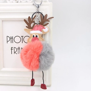 Close-up of reindeer plush pompom keychain with red leather boots on a white frame