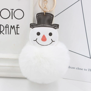 Porte-clés Mignon de Bonhomme de Neige de Noël en Fausse Fourrure Pompon Cuir PU Alliage Anneau de Clé Charme de Sac Cadeau de Vacances d'Hiver
